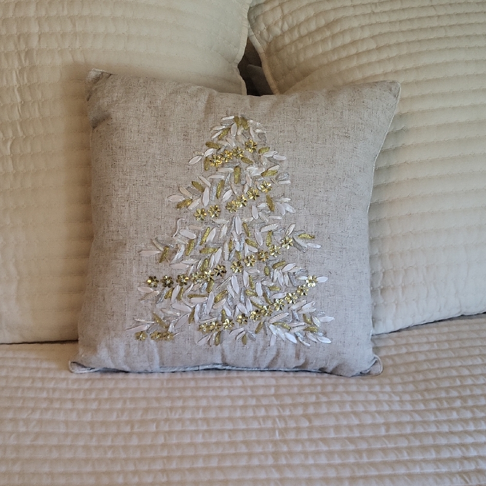 Elegant Holiday Pillow with Gold and Silver Embroidery